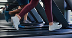 Running, workout and legs of person on treadmill in gym, fitness and endurance for training. Cardio machine, shoes and people exercise in club for sports, energy and practice for wellness with health