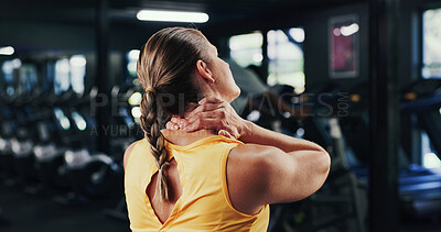 Buy stock photo Back, woman and ache with neck pain at gym from fitness injury, muscle fatigue and inflammation. Female person, strain and sore of herniated disc, physical discomfort and tendinitis with joint cramps