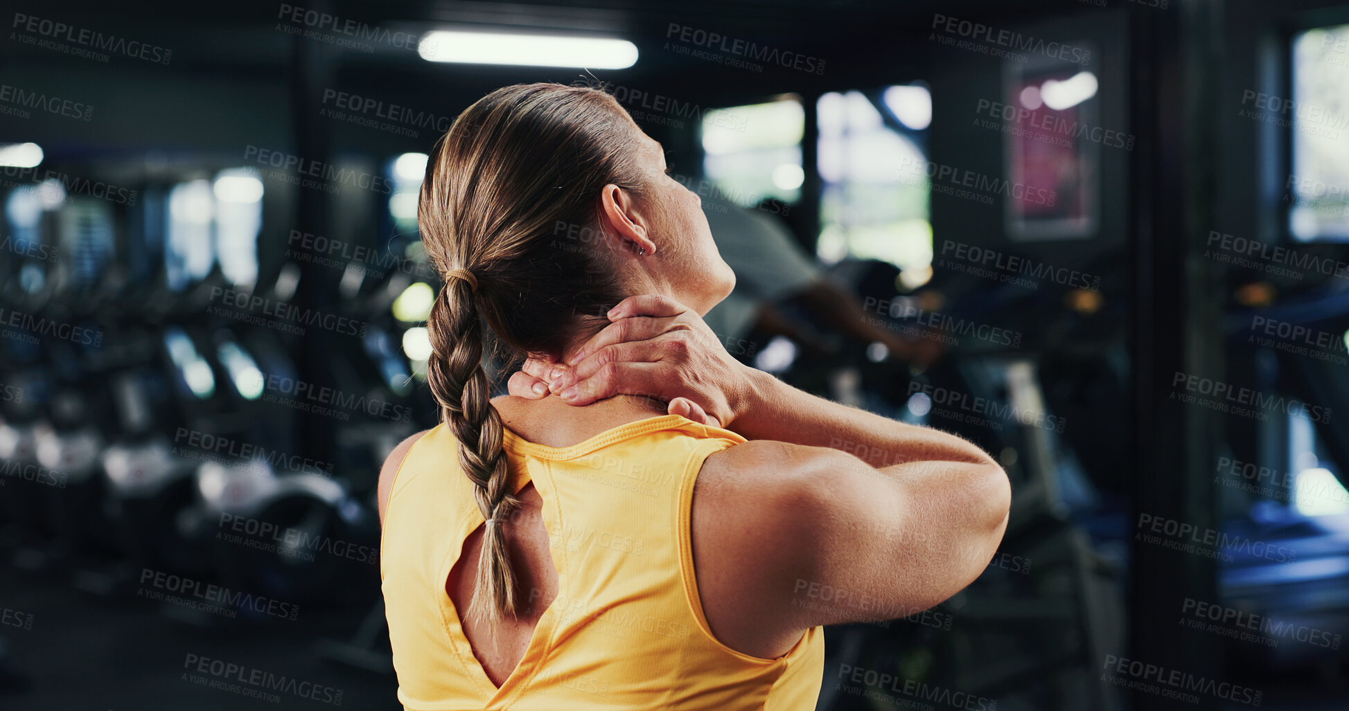 Buy stock photo Back, woman and ache with neck pain at gym from fitness injury, muscle fatigue and inflammation. Female person, strain and sore of herniated disc, physical discomfort and tendinitis with joint cramps