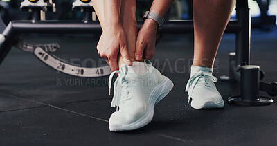 Buy stock photo Ankle pain, fitness and hands with person in gym for training accident or workout mistake. Burnout, discomfort and foot injury with woman in health club for condition, fatigue or inflammation