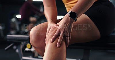 Buy stock photo Exercise, fitness and knee pain with person in gym for training accident or workout mistake. Burnout, discomfort and joint injury with woman in health club for condition, fatigue or inflammation