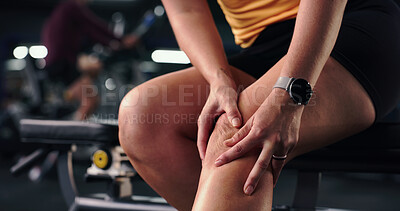 Buy stock photo Emergency, exercise and knee pain with person in gym for training accident or workout mistake. Burnout, fitness and joint injury with woman in health club for condition, fatigue or inflammation