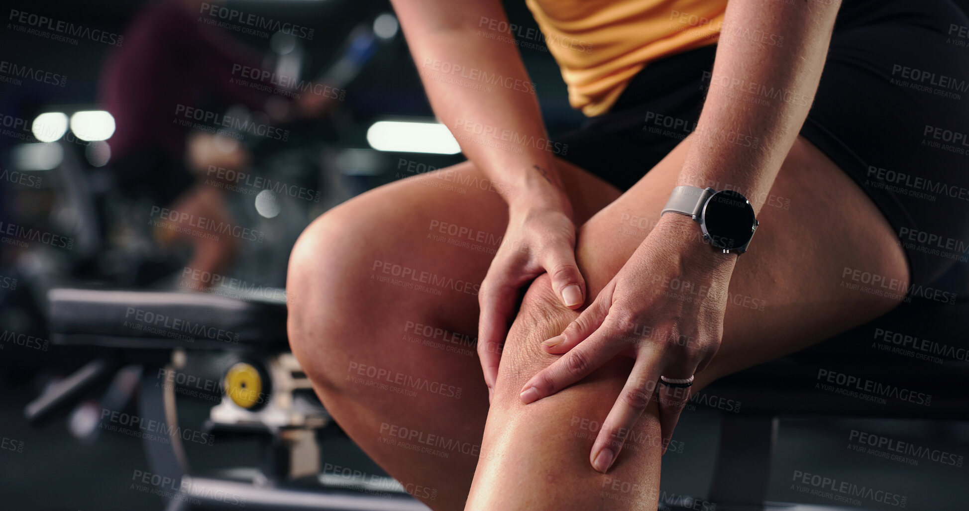 Buy stock photo Emergency, exercise and knee pain with person in gym for training accident or workout mistake. Burnout, fitness and joint injury with woman in health club for condition, fatigue or inflammation