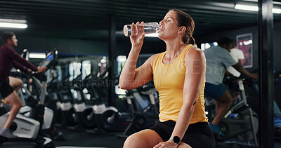 Buy stock photo Woman, fitness and break with water bottle in gym for hydration, recovery or workout rest. Active, female person or mineral liquid with aqua beverage or drink for sustainability in health club