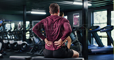 Buy stock photo Back pain, discomfort and fitness with man in gym for training accident or workout mistake. Burnout, emergency and spine injury with person in health club for condition, fatigue or inflammation