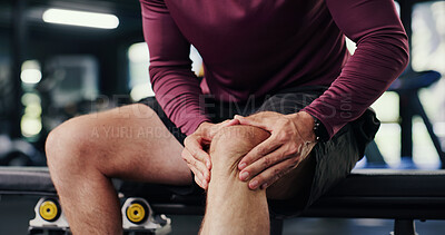 Buy stock photo Emergency, fitness and knee pain with man in gym for training accident or workout mistake. Burnout, exercise and joint injury with person in health club for condition, fatigue or inflammation