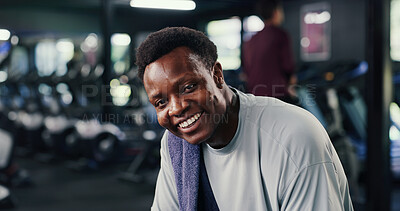 Buy stock photo Portrait, man and sweating in gym with smile, complete exercise or finish intense workout for wellness. Bokeh, happy person and stop training in health club with pride, optimism or rest for recovery.