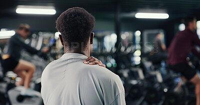 Buy stock photo Back, athlete and man with shoulder pain at gym of fitness injury, muscle fatigue and overtraining. Male person, strain and sore from poor warm up, physical discomfort and joint cramps of tendinitis
