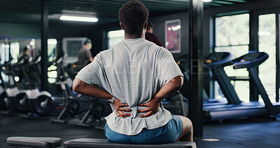 Buy stock photo Back pain, emergency and fitness with man in gym for training accident or workout mistake. Burnout, discomfort and spine injury with person in health club for condition, fatigue or inflammation