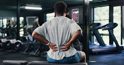 Buy stock photo Back pain, burnout and fitness with man in gym for training accident or workout mistake. Discomfort, exercise and spine injury with person in health club for condition, fatigue or inflammation