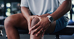 Fitness, hands and man on gym with knee pain, injury or accident for workout with arthritis. Osteoporosis, hurt and male person in sports center with muscle bruise, inflammation or joint sprain.