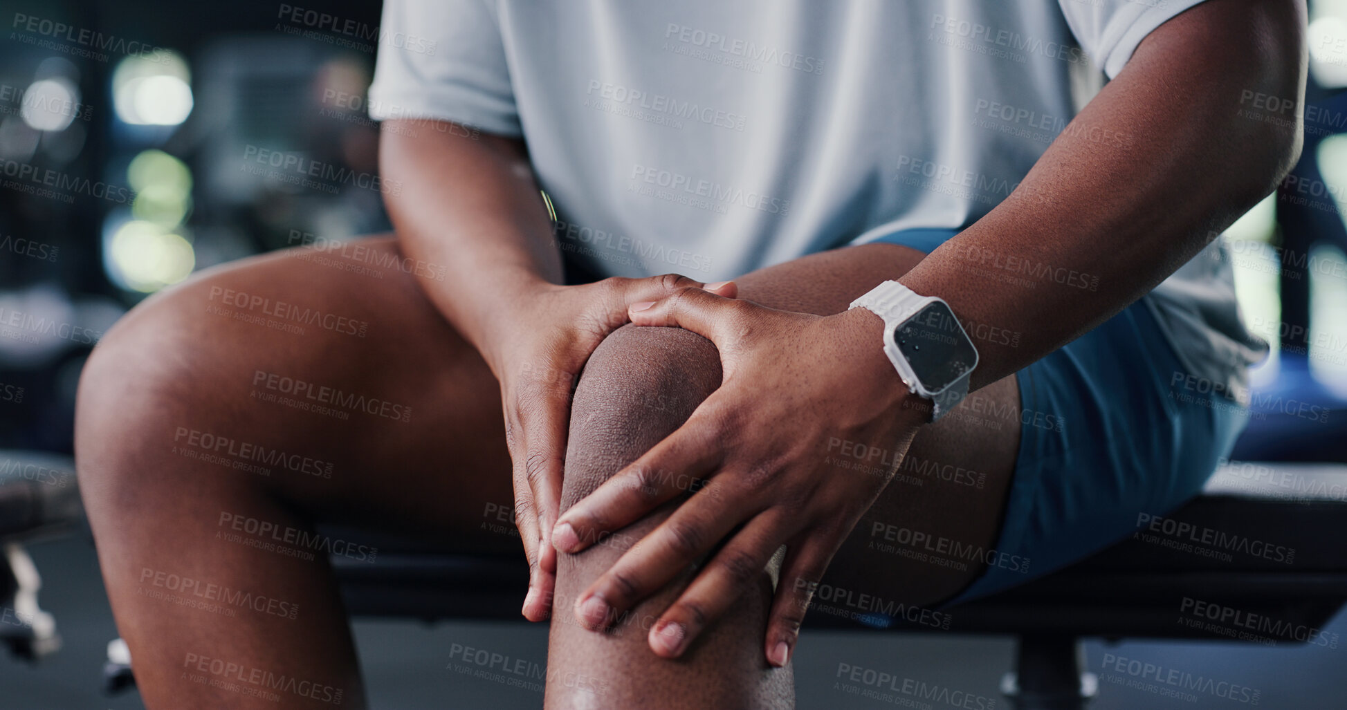 Buy stock photo Fitness, hands and man on gym with knee pain, injury or accident for workout with arthritis. Osteoporosis, hurt and male person in sports center with muscle bruise, inflammation or joint sprain.