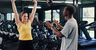 Buy stock photo Fitness, coach or woman in gym with barbell, guidance or help in strength workout. Exercise, people or personal trainer with equipment, bodybuilding instructor or assistance in muscle transformation.