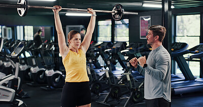 Buy stock photo Fitness, instructor or people in gym with barbell, guidance or help in strength training. Exercise, power or personal trainer with equipment, bodybuilding coach or assistance in muscle development.