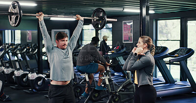 Buy stock photo Fitness, coach or people in gym with barbell, guidance or help in weightlifting. Exercise, active or personal trainer with equipment, bodybuilding instructor or assistance in muscle development.