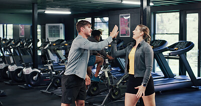 Buy stock photo Fitness, team and high five with people in gym for motivation boost, target or support with coach. Workout club, man and woman with hands together as friends for goal or success with personal trainer