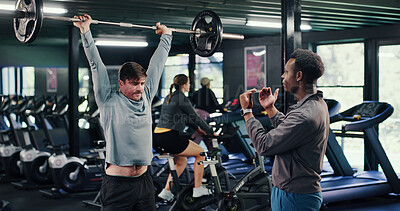 Buy stock photo Fitness, instructor or men in gym with barbell, guidance or help in weightlifting workout. Exercise, advice or personal trainer with equipment, bodybuilding coach or assistance in muscle development.