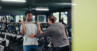 Buy stock photo Fitness, coach or men in gym with barbell, guidance or help in weightlifting workout. Exercise, active or personal trainer with equipment, bodybuilding instructor or assistance in muscle development.