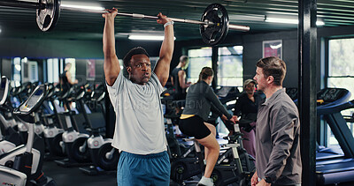 Buy stock photo Fitness, strength or instructor in gym with barbell, guidance or help in weightlifting workout. Exercise, people or personal trainer with equipment, bodybuilding coach or assistance for muscle gain.