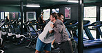 Men, fitness and greeting with welcome in gym for training, workout or exercise together. Active, male people or thank you with handshake for teamwork, gathering or friendship wellness in health club