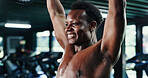 Happy, black man and weightlifting with barbell in gym for strength exercise, arm workout or power. Fitness, male person or lifting with smile or weight for training or bodybuilding in health club