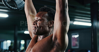 Buy stock photo Black man, weightlifting and gym with barbell for strength exercise, arm workout or power. Fitness, male person or lifting with weight or sweat for intense training or bodybuilding in health club