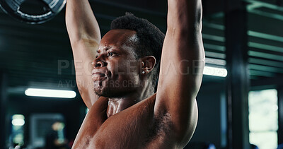 Buy stock photo Exercise, sweat and weightlifting with black man in gym for strength training or workout routine. Barbell, bodybuilding and fitness with person in health club for challenge or physical improvement