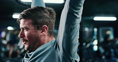 Buy stock photo Effort, sweat and weightlifting with man in gym for intense exercise or strength training routine. Bodybuilding, fitness and workout with person in health club for challenge or physical improvement