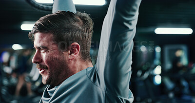 Buy stock photo Fitness, sweat and weightlifting with man in gym for intense exercise or strength training routine. Bodybuilding, effort and workout with person in health club for challenge or physical improvement