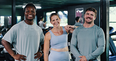Buy stock photo Fitness, smile and group portrait of people in gym for support, solidarity and confidence together. Men, woman and team in workout club with pride for sports, happy and athletes in exercise community
