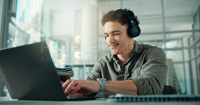 Buy stock photo Headphones, typing and businessman with laptop in office with music for creative project with research. Computer, tech and male magazine editor with playlist for article with publishing in workplace.