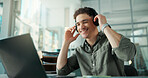 Headphones, happy and businessman with laptop in office with music for creative project with research. Computer, audio tech and magazine editor with playlist for article with publishing in workplace.