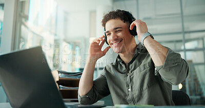 Buy stock photo Headphones, happy and businessman with laptop in office with music for creative project with research. Computer, audio tech and magazine editor with playlist for article with publishing in workplace.