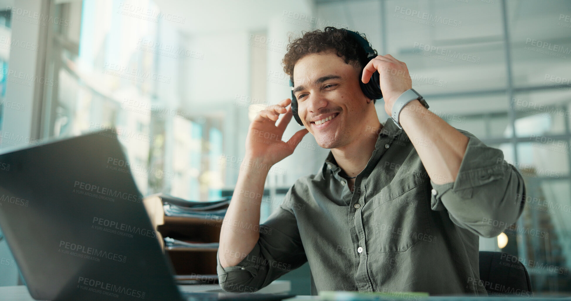 Buy stock photo Headphones, happy and businessman with laptop in office with music for creative project with research. Computer, audio tech and magazine editor with playlist for article with publishing in workplace.