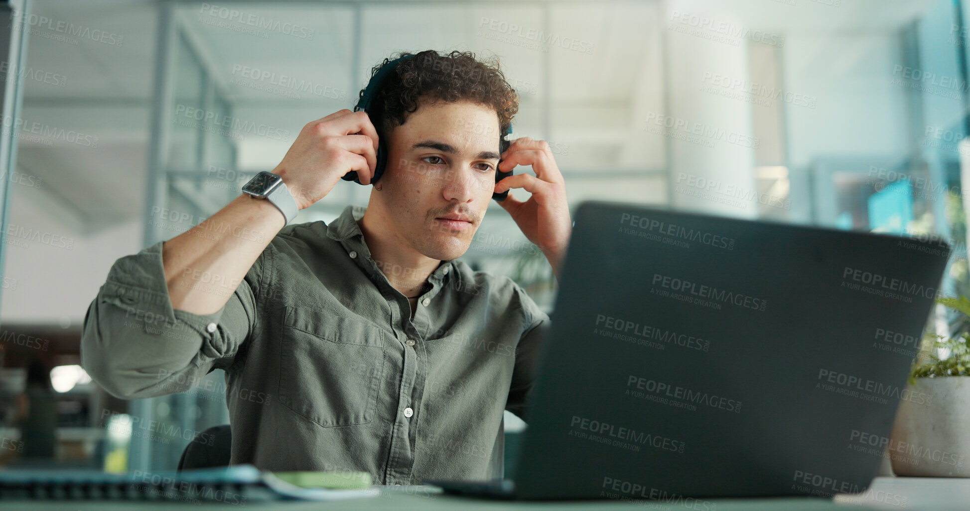 Buy stock photo Headphones, laptop and businessman in office with playlist for creative project with research. Computer, audio tech and male magazine editor with music for article with publishing in workplace.