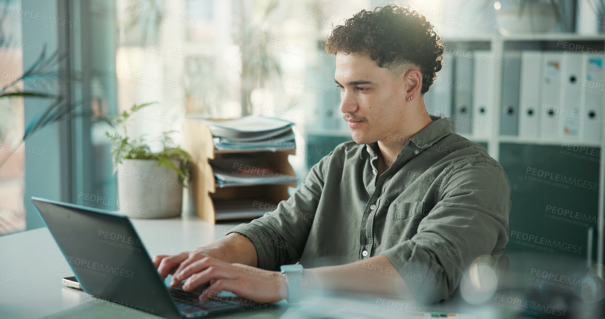 Buy stock photo Office, laptop and business man on laptop for finance report, accounting and budget planning. Corporate, professional and person on computer for financial review, company audit and online payroll