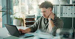Business, man and laptop with neck pain in office from bad posture, muscle strain and discomfort. Male person, pc and ache from inflammation pressure, employee burnout and uncomfortable with sprain