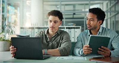 Buy stock photo Meeting, laptop and business men on tablet for finance review, proposal and investment research. Corporate, teamwork and people on tech for budget, growth and financial report for stock trading