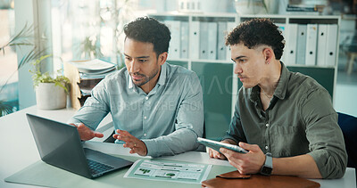 Buy stock photo Meeting, graph and business men on laptop for finance analytics, proposal and investment research. Corporate, teamwork and people with digital tech, paperwork and financial report for stock trading