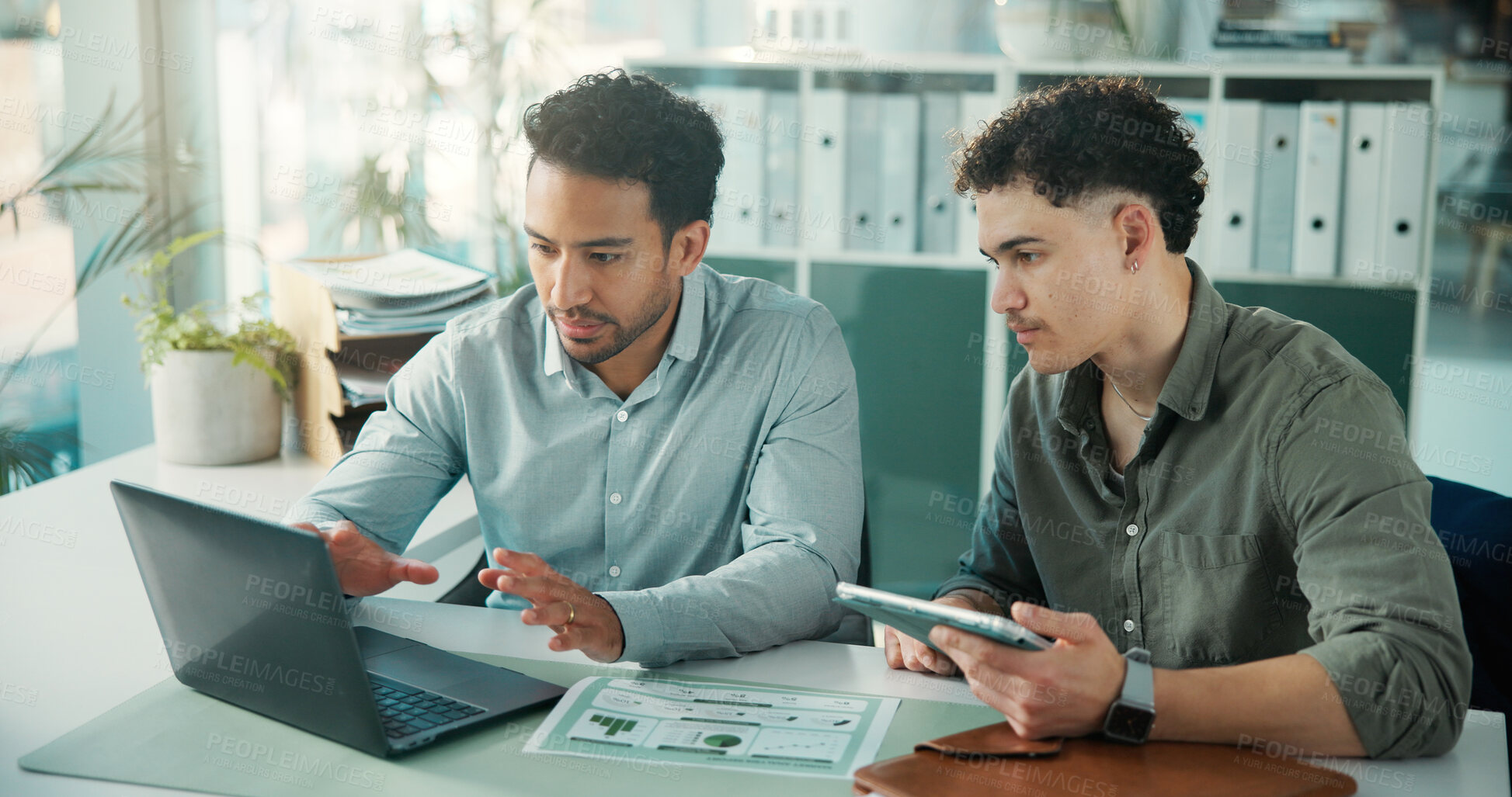Buy stock photo Meeting, graph and business men on laptop for finance analytics, proposal and investment research. Corporate, teamwork and people with digital tech, paperwork and financial report for stock trading