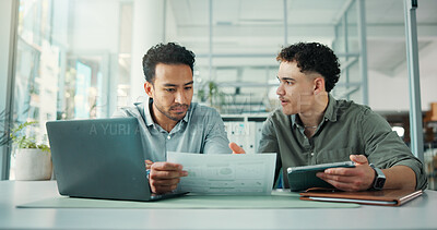 Buy stock photo Finance, documents and business men on tablet for budget review, proposal and investment research. Corporate, teamwork and people with digital tech, paperwork and financial report for stock trading