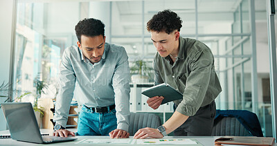 Buy stock photo Meeting, graph and business men on tablet for finance review, proposal and investment research. Corporate, teamwork and people with digital tech, paperwork and financial analysis for stock trading