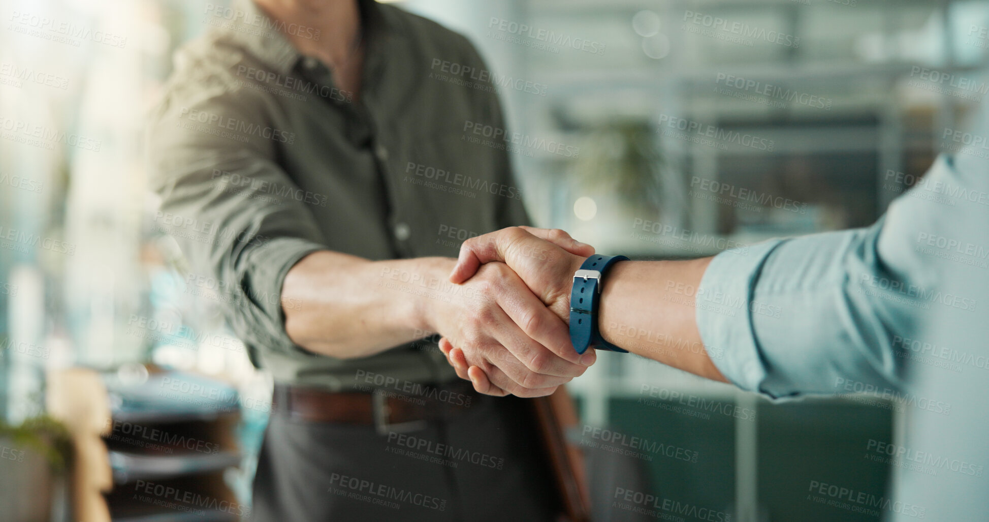 Buy stock photo Shaking hands, agreement and recruitment with deal at office, onboarding and success at hr agency. Business people, handshake and welcome with hiring, human resources and job interview at company