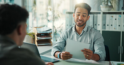 Buy stock photo Documents, job interview and business men in office for meeting, recruitment or finance vacancy. Discussion, paperwork and hr manager with candidate for hiring process with resume in workplace.