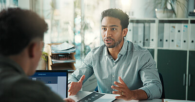 Buy stock photo Laptop, job interview and business men in office for meeting, recruitment or finance vacancy. Discussion, documents and male hr manager with candidate for hiring process with resume in workplace.