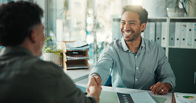 Buy stock photo Men, shaking hands and happy for job interview at office, onboarding and success at hr agency. Business people, handshake and recruitment with deal for hiring, human resources or smile at company