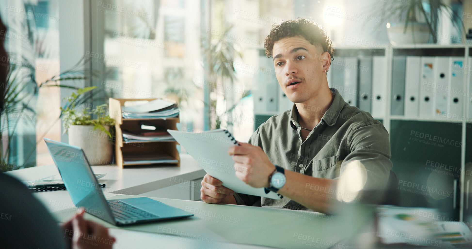 Buy stock photo Cv, job interview and business men in office for meeting, recruitment or finance vacancy. Discussion, paperwork and hr manager with candidate for hiring process with resume documents in workplace.