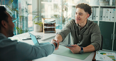 Buy stock photo Men, shaking hands and excited for job interview at office, onboarding and success at hr agency. Business people, handshake and recruitment with deal for hiring, human resources or smile at company