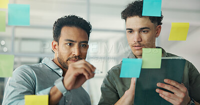 Buy stock photo Sticky notes, glass and business men in meeting for brainstorming, planning and project agenda. Creative agency, startup and people on digital tech with research, schedule and ideas in office