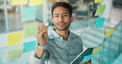 Buy stock photo Planning, writing and businessman on tablet by glass for brainstorming, seo report and project agenda. Creative office, startup and person on digital tech for research, strategy and sticky notes